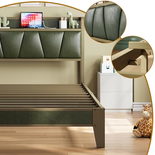 LIKIMIO Twin XL Bed Frame, Storage Headboard with Charging Station, Solid and Stable, Noise Free, No Box Spring Needed, Easy Assembly (Dark Green)