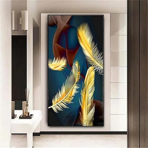 DIY Peinture Diamant Plume Jaune anti-stress, Kit Complet Broderie Diamant 5D 40x80cm Grand Format