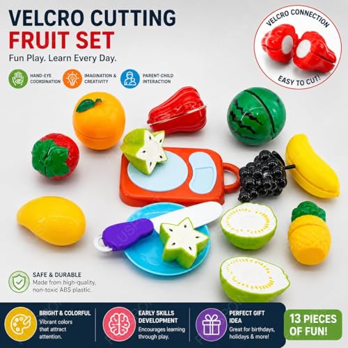 Image of PLUSPOINT Fruit Cutting Toys Set for Kids Pretend Play 13pc Fruit Cut Toy Set with Knife & Cutting Board, Educational Kitchen Play Food Toys for Toddlers