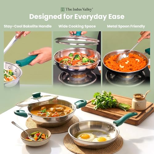 Image of The Indus Valley Triply Stainless Steel Cookware Set of 3 | Kadai 22cm with Glass Lid & Fry Pan 22cm | 100% Toxin-Free | Faster Cooking | Induction Compatible