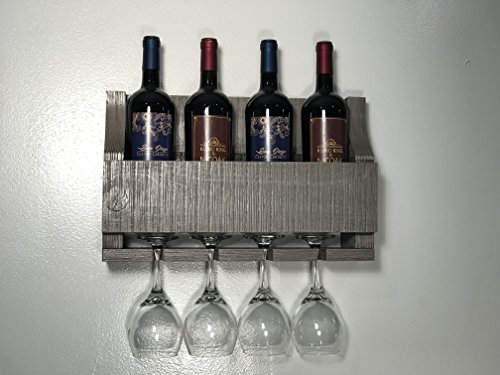 Empire USA - Barnwood Wall Mount Wine Rack Holds 4 Wines and 4 Long Stem Glass Rustic Reclaimed Wood (American Grey)