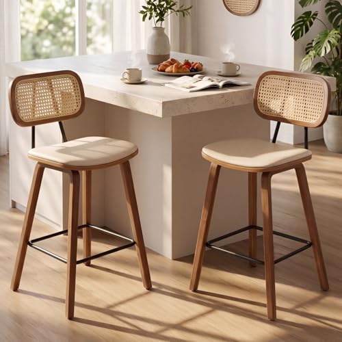 Ya-Home Chaise de Bar en Bois et Rotin Tabouret Bar Moderne Lot de 2 Chaise Bar Vintage Coussin Cuir PU, Tabouret de Cuisine Confortable, Beige