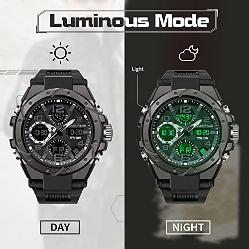 findtime Military Mens Watch Sports Tactical Watch Army Digital Waterproof Dual Time Outdoor Survival Watch Luminous Stopwatch Tough Electronic Alarm Clock Black Gold