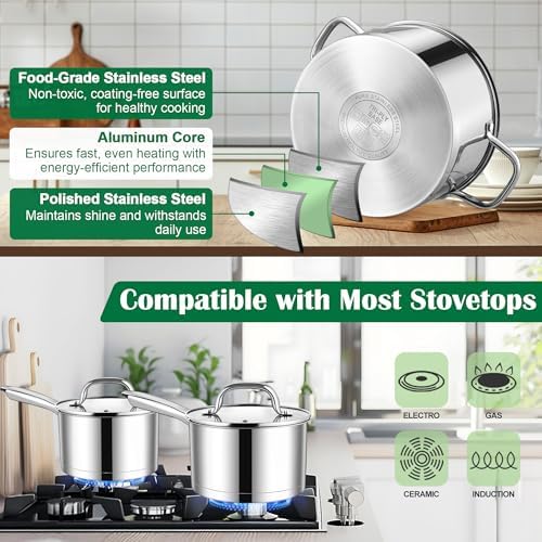 E-far 10-Piece Stainless Steel Cookware Set, Induction Pots and Pans Set with Tri-Ply Base, Non-toxic Kitchen Cooking Set w/Frying Pan, Saucepan, Saute Pan, Stockpot with Lids, Oven & Dishwasher Safe - Thumbnail 3