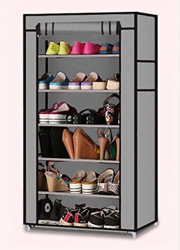 VictoriaHome 6 Tier Portable Dustproof 1 Doors Shoe Rack with Fabric Cover, Grey