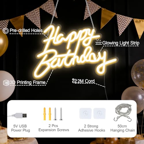 Miootly Happy Birthday Neon Sign for Wall Party Decor, LED Happy Birthday Light up Sign for Backdrop, 16"x 11" USB Powered 10 Brightness Settings Light up Signs Party Decorations Backdrop, Warm White by Miootly - Used condition - Image 4