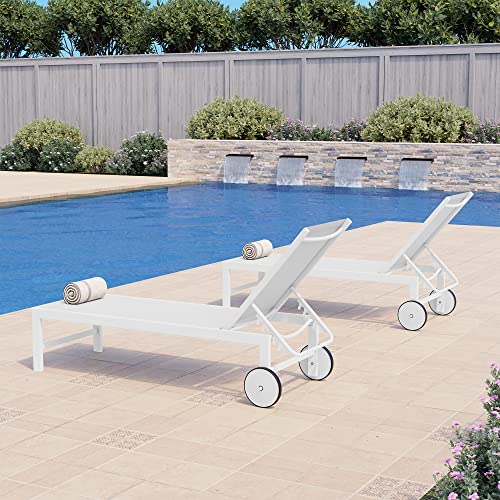 Qaqa Patio Chaise Lounge Chairs Set Aluminum Lounge Chairs With Adjustable Backrest, Folding Lounge Recliner Chairs With Wheels For Poolside, Yard, Deck, Beach, White #TOP4