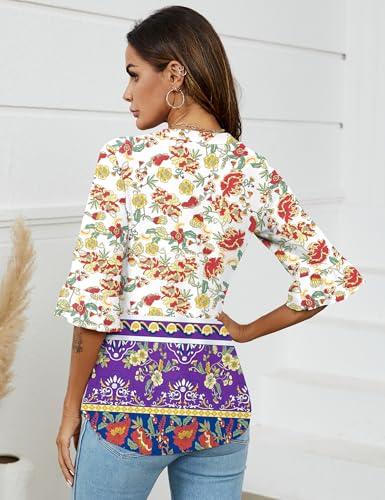 LOMON Womens Tops 3/4 Length Sleeves 2025 Summer Loose V-Neck T-Shirts Dressy Casual Ruffle Bell Sleeve Tunic Spring Blouses (Purple Ethnic,Small)
