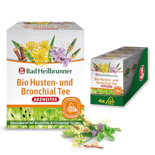 Bad Heilbrunner Bio Husten- & Bronchial - Arzneitee im Pyramidenbeutel - Spitzwegerich Thymian & Fenchel - reizlindernd bei Bronchitis trockenem Husten & Erkältungen (4 x 12 Pyramidenbeutel)