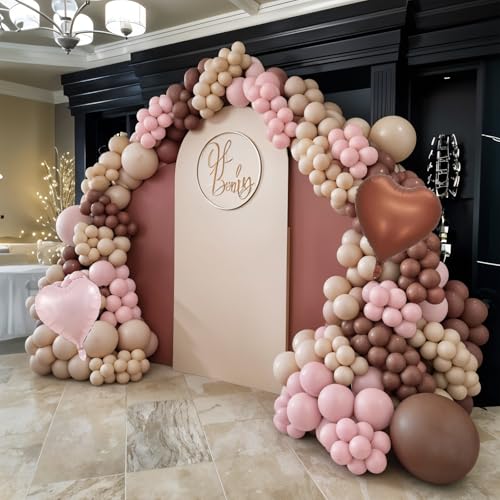 Image of Pink Brown Balloons Heart Shaped Balloon Double Stuff Pearl Beige Dusty Blush Pink Brown Balloon 18inch Heart Foil Balloons for Boho Baby Shower Valentines Day Anniversary Wedding Birthday Party Decor