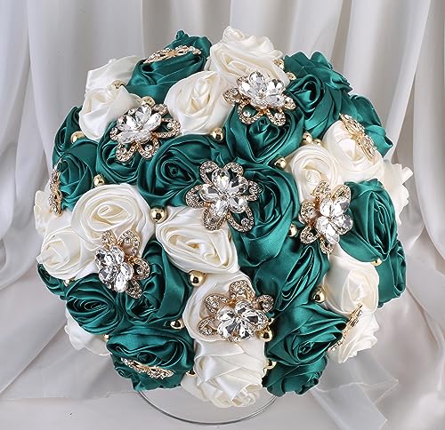 Hmplimue Handmade Bridal Wedding Bouquet Satin Rose Artificial Flower Bouquet for Bride Bridesmaid Holding Toss Round Wedding Bouquets Sparkling Rhinestone Brooch Crystals Pearl Dark Green & Ivory