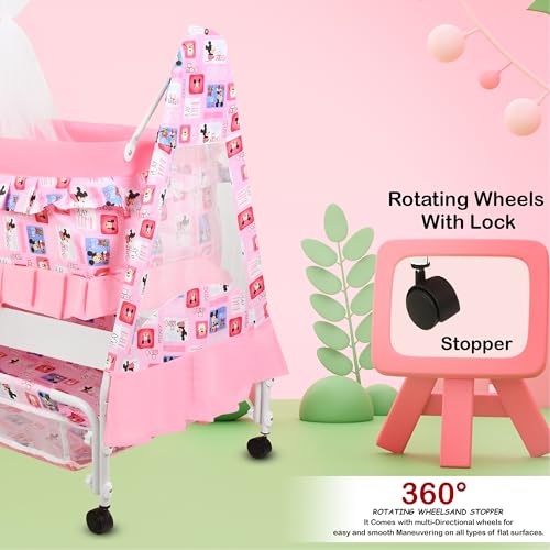 Image of New Born Baby Soft Seat Cradle with Swing and Mosquito Net, Four Wheels with Brake Lock for Swing Cradle /Jhula /Palna /Bed /Baby Safe for 0-2 Years (Pink)