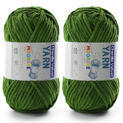 Image of Mooaske Chenille Yarn for Crocheting - Army Green, 50g /1.76oz, 60m /65yard, 2 Packs