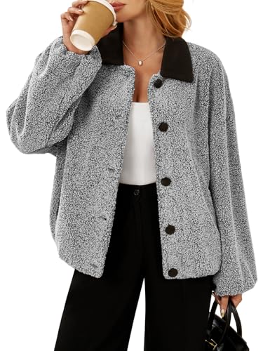 Cicy Bell Womens Oversized Fuzzy Fleece Jacket Button Down Patchwork Collar Sherpa Coats Fall Outerwear with Pockets