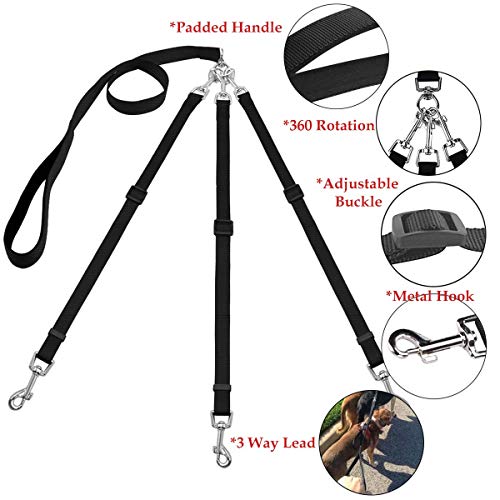 Asocea 3 Dog Leash 3 In 1 Multiple Dog Leash Detachable 360° Swivel With Soft Padded Handle For Walking And Traning Two Or Three Dog Leash(Black) #TOP4