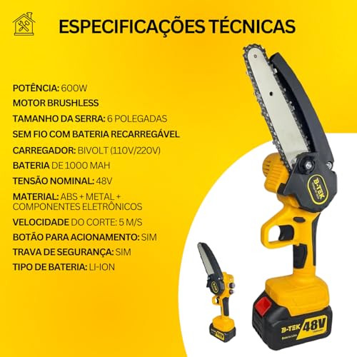Motosserra Elétrica Sem Fio Portátil 600W Serra 6” Bateria 48V Bivolt Com Maleta Armazenagem Motor B
