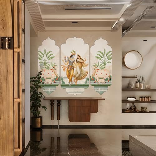 Image of DESIGN YAAR Radha Krishna Traditional Pichwai Wall Mural, Set of 3, 60L x 48W Inch