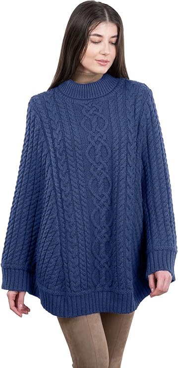 Image of SAOL 100% Merino Wool Cable Knit Ladies Irish Aran Poncho Cardigan