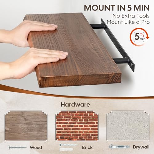 Image of 32 inch Live Edge Floating Shelves Set of 2, Solid Elm Wood, Vintage