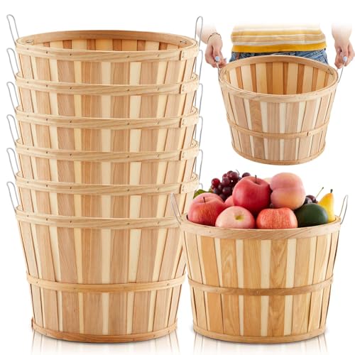 Marsui 6 Pcs Jumbo Half Bushel Baskets, 14 x 9.5 Inch Large Round Wooden Apple Basket with Handles Handcrafted Produce for Farmers Market Harvest Fruit Plants or Commercial Use