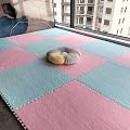 Thick Interlocking Fluffy Tiles 16 Pcs Plush Puzzle Foam Floor Mat with Border Square Rug Split Joint Soft Climbing Carpet Mats for Room Floor, 12x12x0.4 Inch(Color:Light Blue+Pink)