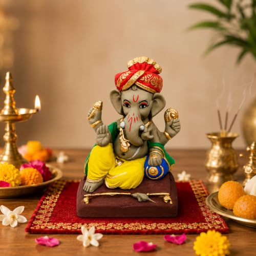 Image of Clay Ganesh Idol, 4 Inches Height, Water Soluble Ganpati Murti for Ganpati Visarjan (Small) (Multicolor - Pagri Ganesha)