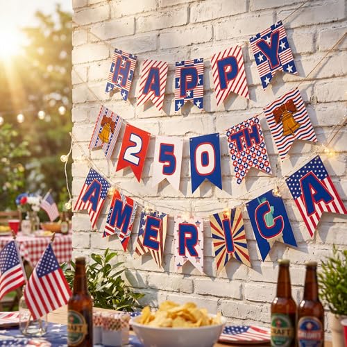 Image of 250th Anniversary Decorations - 250 Year USA Anniversary Banner | America 250th Merchandise Outdoor Indoor Outside - 4th of July Garland Accessories for Party Favors Supplies Window Wall Door