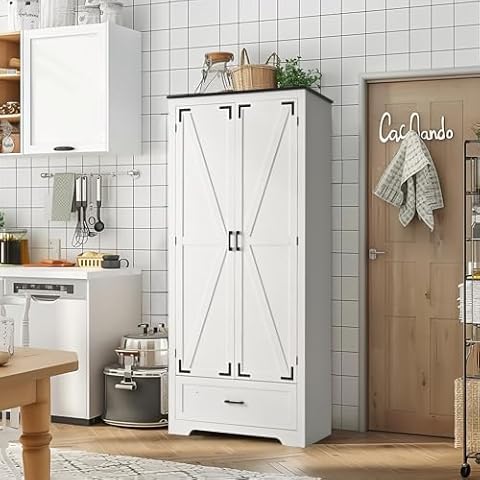 Pamapic 71" Tall Kitchen Pantry Cabinet,Farmhouse Kitchen Pantry,Large Wooden Storage Cabinet with Drawers & Shelves,Wood Kitchen Storage Cabinets with 2 Barn Doors for Kitchen, Dining Room,White Cover