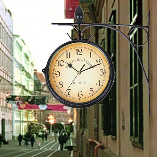 Samger Samger Horloge Double Face Jardin Train Gare Horloge Murale avec Support (Noir)