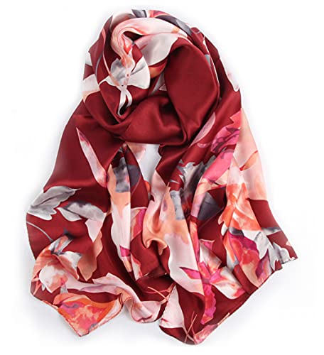 MEISEE 100% Mulberry Silk Long Scarf for Women Large Oblong Sunscreen Shawls Wraps Neck Headscarf Hair Wraps with Gift Packed (Yellow and black flowers)