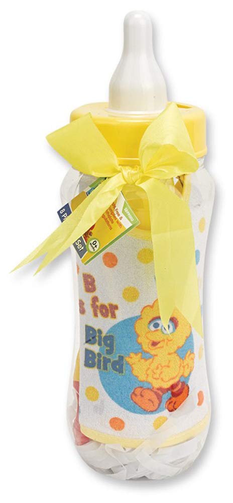 Sesame Beginnings Bottle Bank Gift Set - 8 Piece Baby kit Includes 9 oz Baby Bottle, bib, Bottle Brush, Snack Container with lid, Brush and Comb All in Large Bottle Bank - Big Bird Yellow