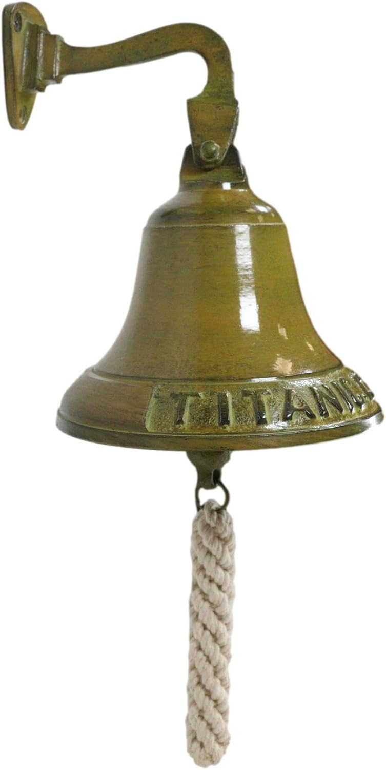 Ebros Gift Antiqued Brass Finish Over Aluminum with Verdigris Patina Vintaged Titanic Bell Door Wall Dinner Yard Farm Bell Nautical Marine Ocean Cruise Festive Accent Bells