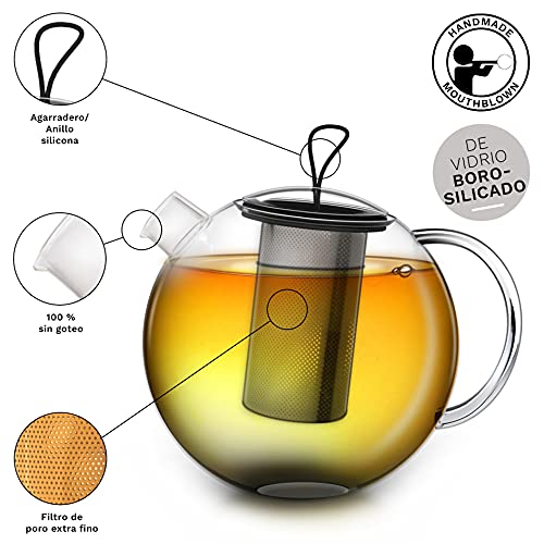 Creano Tetera JUMBO, Tetera de Vidrio en 3 Piezas en un Juego de Tetera con Filtro Integrado de Acero Inoxidable y Tapa de Vidrio | 1,5L - Imagen 4