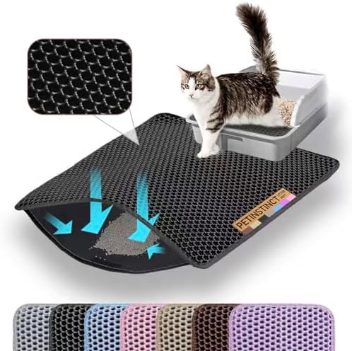 Petinstinct Cat Litter Mat, 60x45cm Large Honeycomb Double Layer Cat Litter Mat Trapper, Non Slip Waterproof Urine Proof Cat Litter Box Mat for Floor, Cat Supplies and Essentials, Black