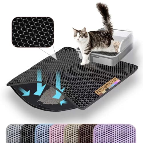 Petinstinct Cat Litter Mat Double Layer Honeycomb Cat Litter Trapping Mat Non Slip Waterproof Urine Proof Cat Litter Box Mat for Floor Kitty Litter Rug Cat Supplies Black 24x18 Inches