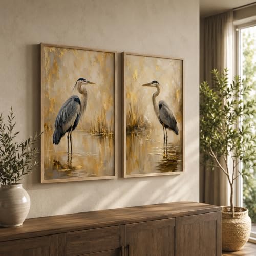 Image of Artify Set of 2 Heron Bird Wall Painting for Living Room Bedroom Hall Office Decor, Premium Wooden Synthetic Frame Beige Luxury Artwork Gift