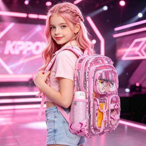 Image of Three-layer Clear Backpack, Heavy Duty Clear Bookbag for Kids, See Through Backpack Transparent Bag for Girls Boys (Pink Lightning)