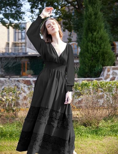 Image of Olaesa Long Sleeve Boho Maxi Dress for Women Lace Wedding Guest Dress | Spring Fall Bohemian Dress, Long Flowy Family Photo Dress with Pockets, V Neck Long Western Vacation Outfits