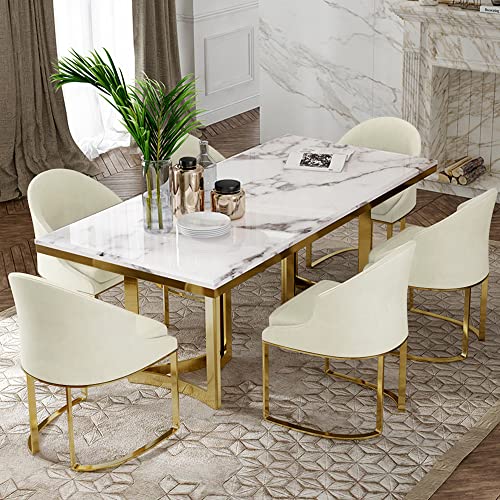 POVISON Marble Dining Table for 6, Modern Dining Room Table 71' for Kitchen & Dining Room, Luxury White Marble Table Top with Gold Trestle Pedestal(Dining Table Only)