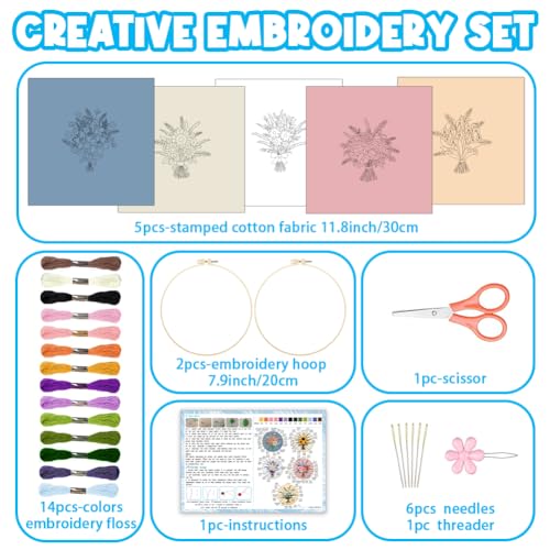 Image of ACRNIGHEET 5PCS Embroidery Kit for Beginners Embroidery Flower Sewing Pre Printed Pattern Embroidery Starter Kit with Instructions, Including 5 Stamped Embroidery Cloth and Various Accessories