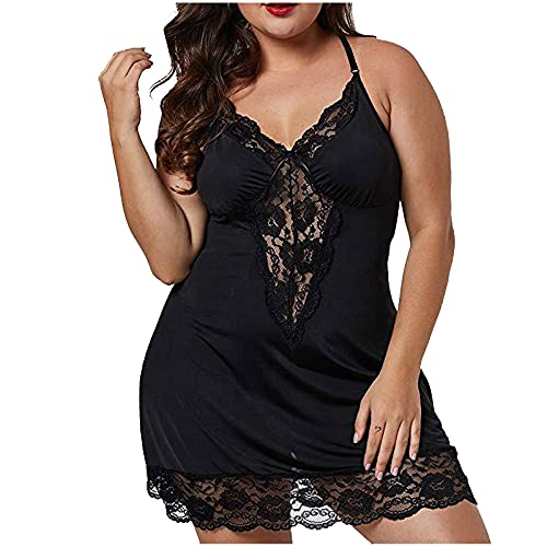 Women Plus Size Chemise Lingerie Sexy Satin Chemise Lace Trim Nightgowns Silk Nighty Lingerie Sets Black #TOP4