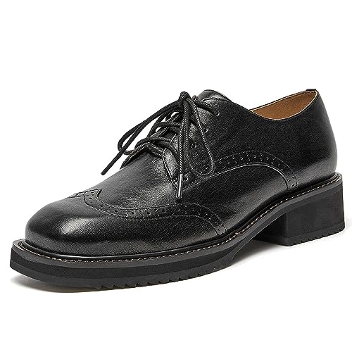 Image of BEAU TODAY Oxford Shoes for Women,Leather Brogue Dress Shoes,Comfort Brethable Ladies Lace-up Handmade Wingtip Shoes for Business Work