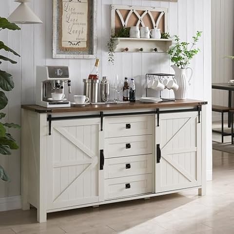 T4TREAM Farmhouse Sideboard Buffet Cabinet with Storage, 60" Large Kitchen Cabinet w/Sliding Barn Doors and 4 Drawers, 31.2'' Tall Wood Coffee Bar Table for Dining Room, Antique White Cover