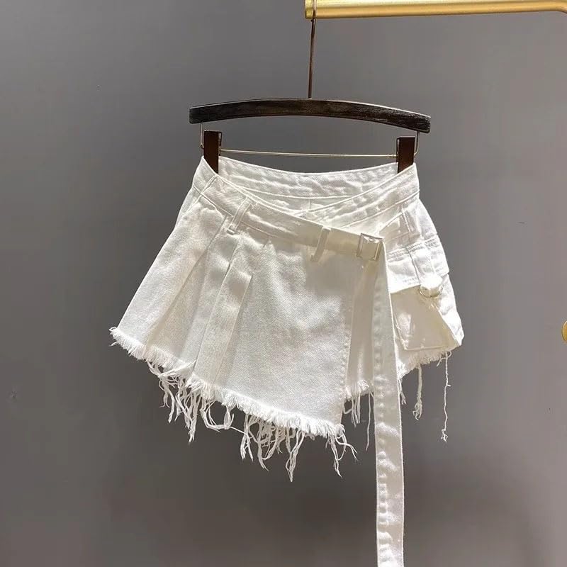 Women's Denim Skirts Patchwork Pleated Asymmetric Burrs Edge Washed Super Short Skirts4