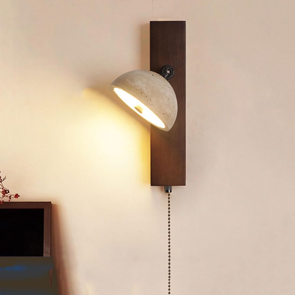 SXSCARKX Nordic Wood Wall Sconce Vintage Pull Switch Bedside Yellow Travertine Light Beige Stone Lamp For Bedroom Lighting Fixtures Decor Indoor Farmhouse Vanity
