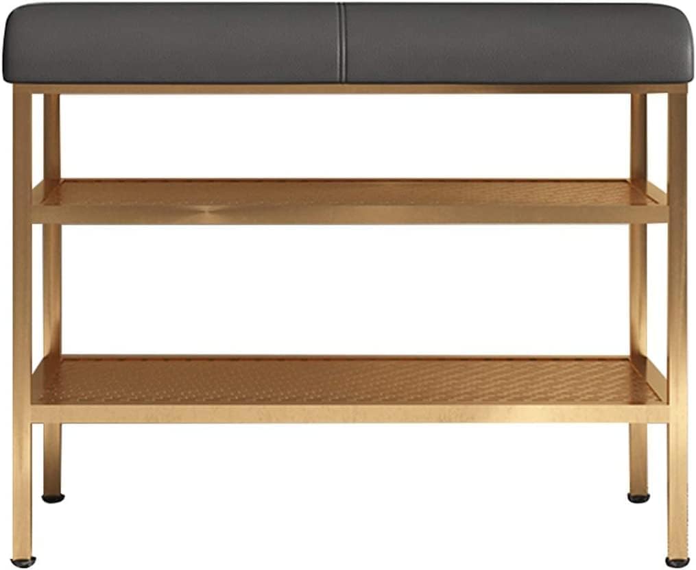 KLGFBDC Nordic Double-Layer Shoe Bench with Cushion - Stylish Wrought Iron Storage Stool & Rack for Entryway Bedroom Hallway - Black Shoe Organizer Furniture
