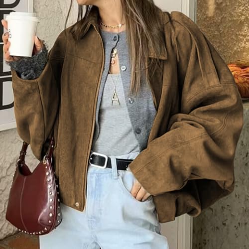 Women's Faux Suede Bomber Jacket Oversized Streetwear Casual Lapel Long Sleeve Motorcycle Jacket 2025 Fall Y2K Coat4