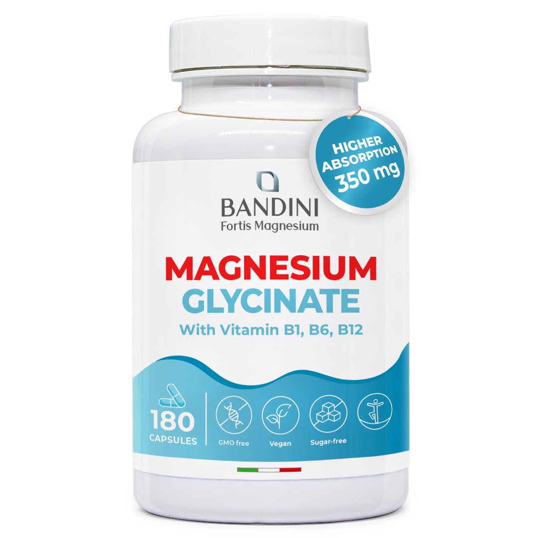 Magnesium Glycinate | 350 mg Magnesium Bisglycinate per Serving with Vitamin B1, B6, B12 | 180 Vegan Capsules, 2 Months | Against Stress, Fatigue, Muscle Pain, Nervous System Support