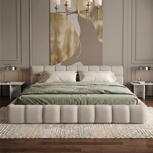 Bavendra Chenille Fabric Upholstered Platform Bed Frame with Soft Headboard Modern Low Profile Grounded Design No Box Spring Needed Sturdy MDF & Wood Frame Neutral Style Beige Queen