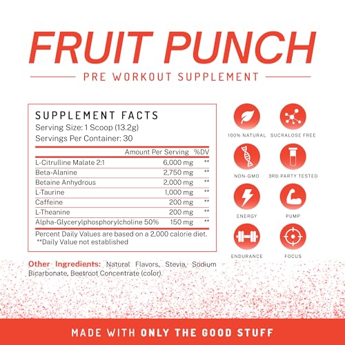 Image of Pre-Workout Powder, All Natural Pre Workout for Energy, Pump, Endurance & Strength, with Caffeine (Fruit Punch)